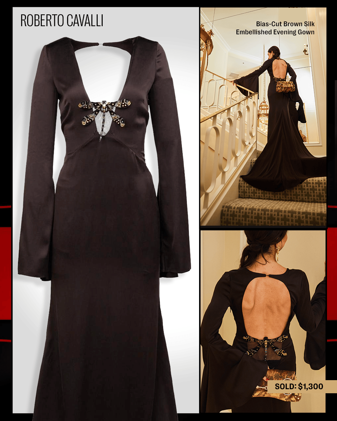 a roberto cavalli bias cut brown silk embellished evening gown