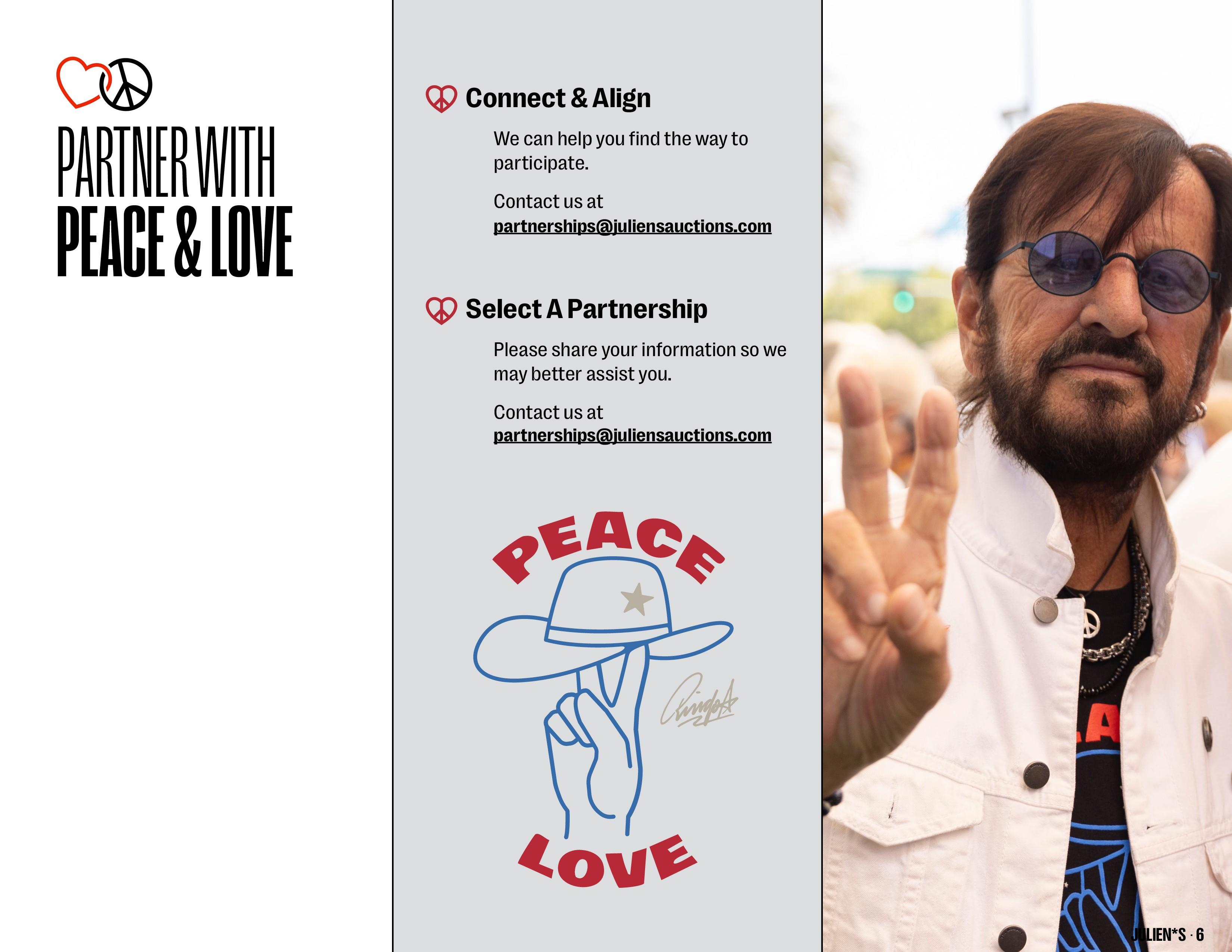 Ringo Starr making a peace sign, next to a "Partner with Peace & Love" invitation with contact details.