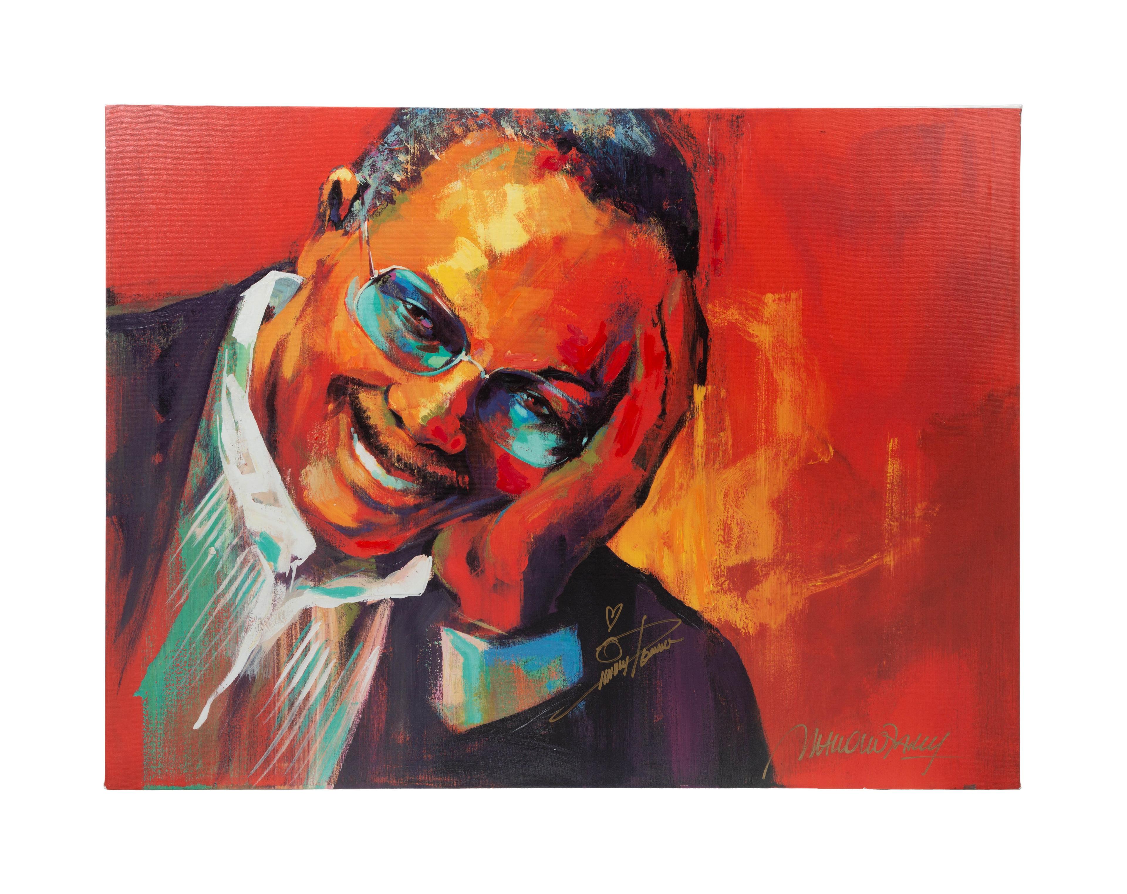 Quincy Jones | Signed Giclee Print Artwork A colorful, expressive painting of a smiling man with blue glasses, resting his head on his hand, against a red and orange background.