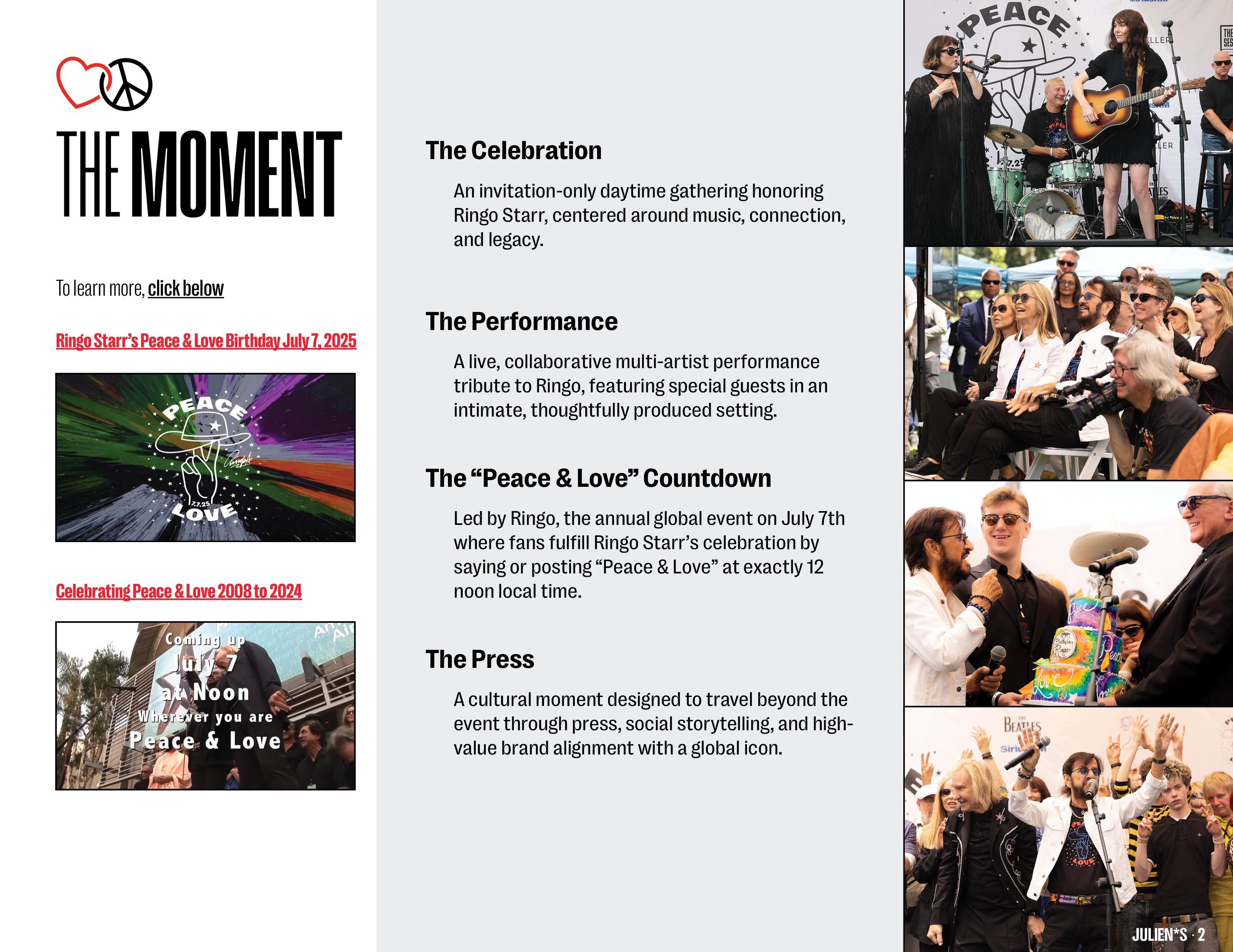 Promotional webpage for Ringo Starr's Peace & Love events, displaying text details and various photos of performances and celebrations.