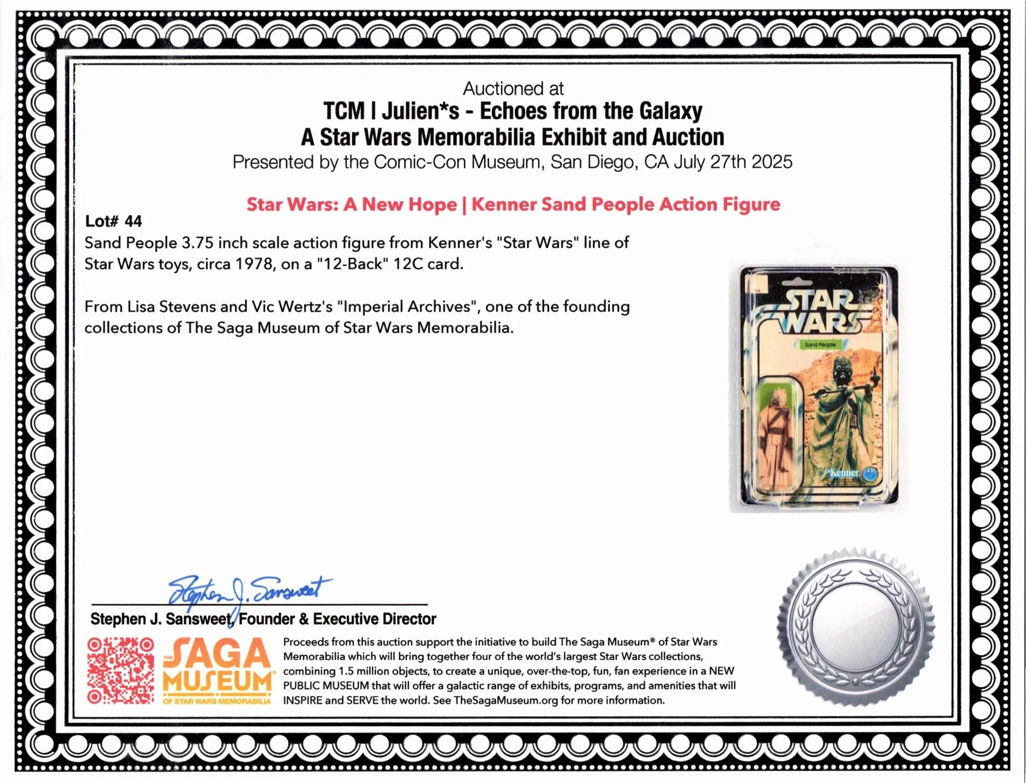 a certificate of authenticity for a star wars kenner card