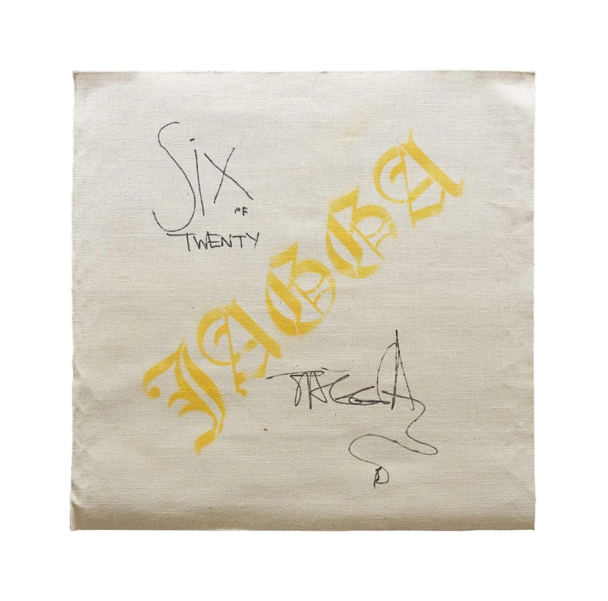 A light fabric square with "SIX OF TWENTY" handwritten in black, "JABBA" in large yellow calligraphic script diagonally, and a black signature.