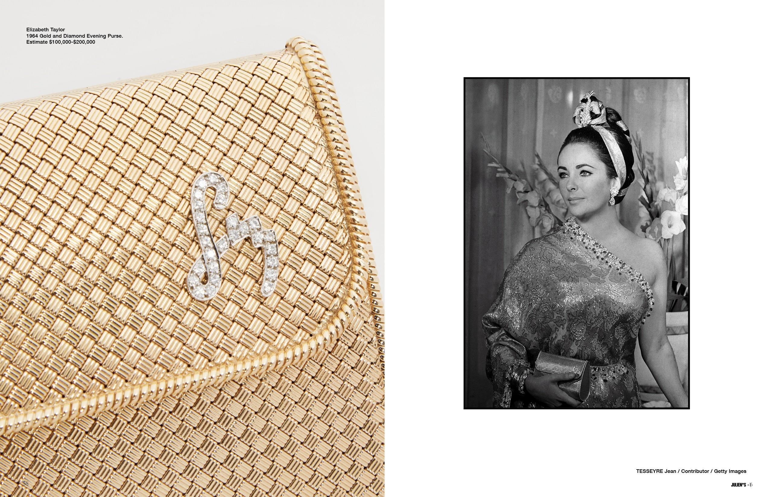 a black and white photo of a woman and a gold purse