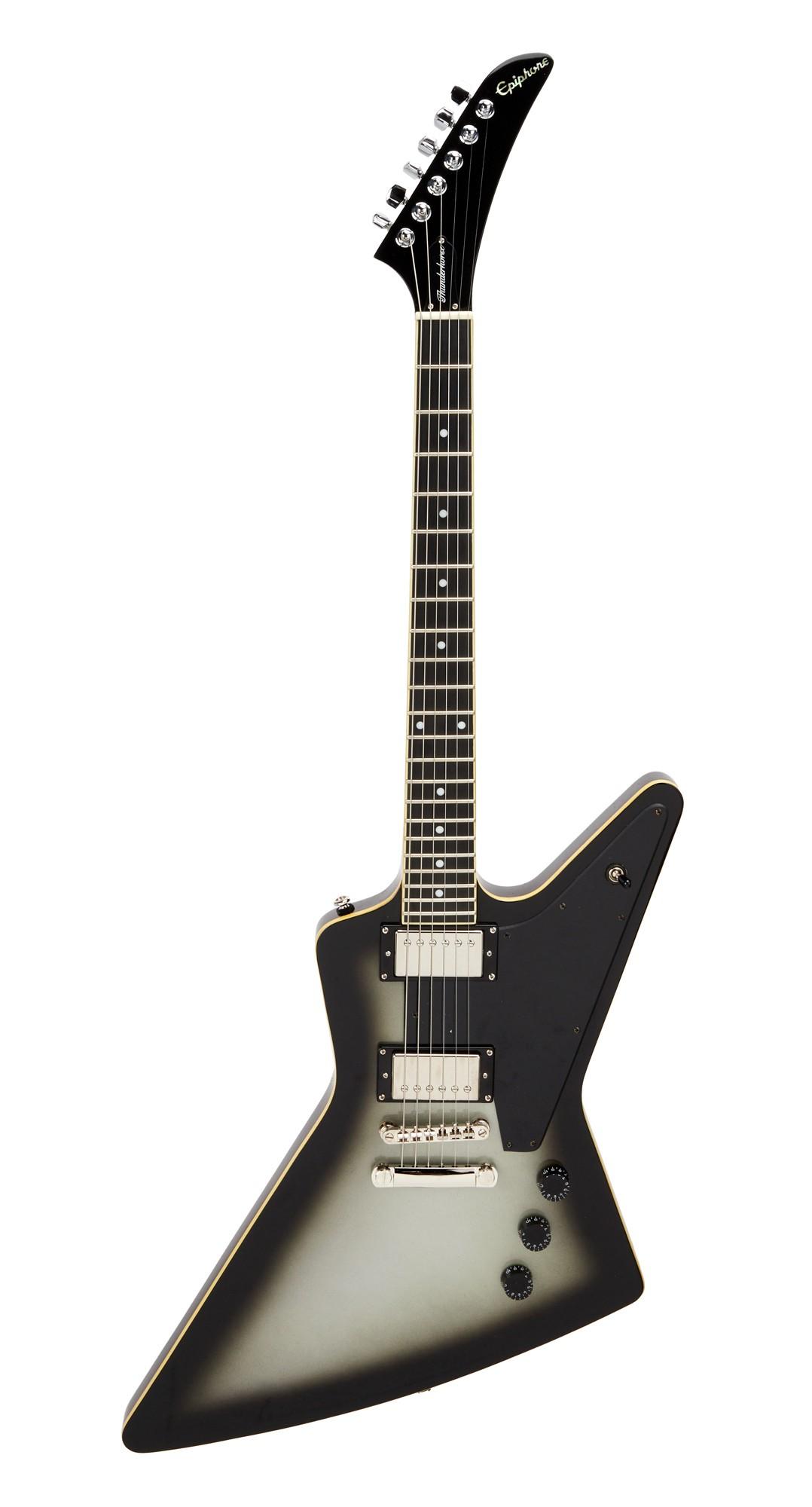 a black and white guitar in an odd shape
