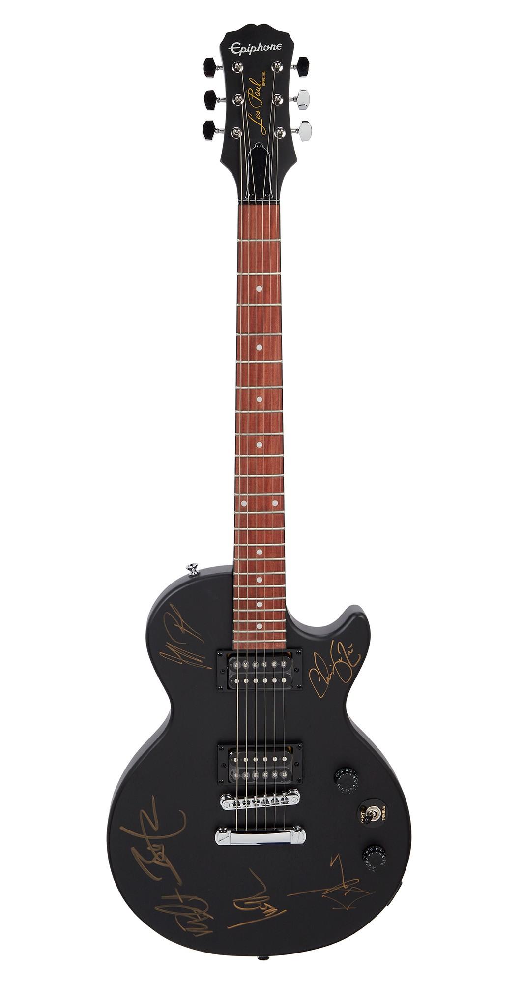 Foreigner | Signed Epiphone Les Paul Special Electric Guitar, Satin Black Black Epiphone Les Paul Special electric guitar covered in gold signatures.