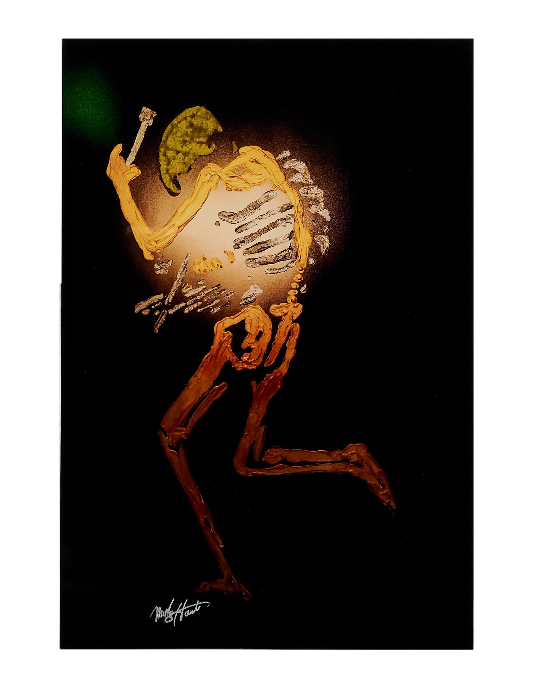 a painting of a skeleton with a green hat and a hammer