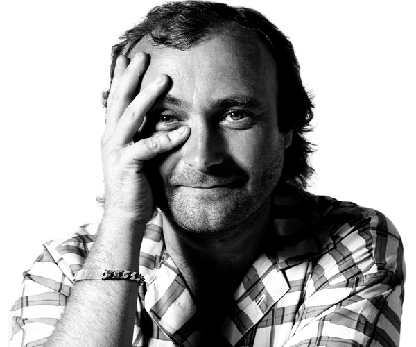 Black and white photo of Phil Collins