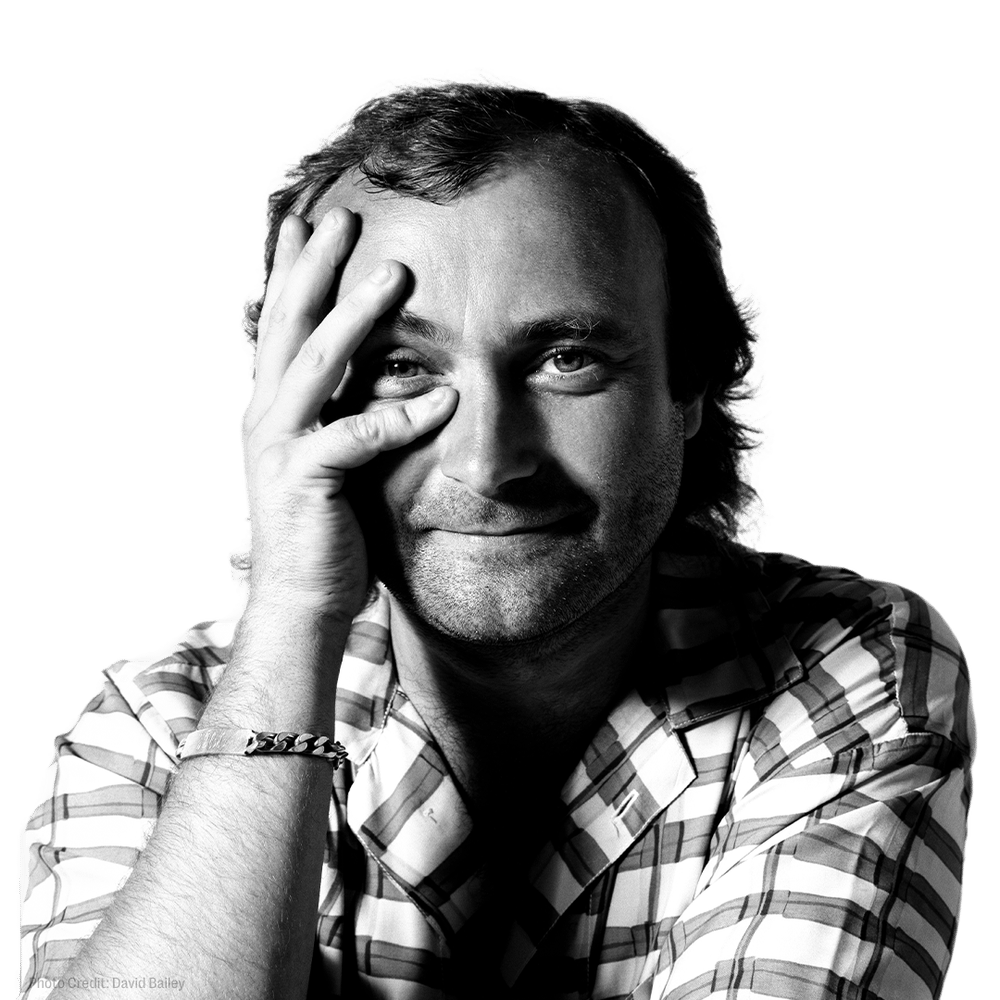 Black and white photo of Phil Collins