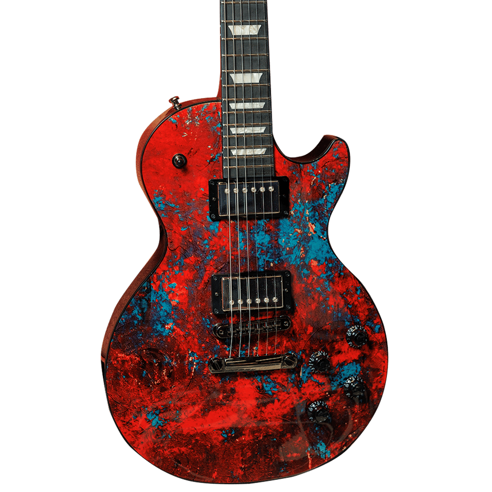 a red and blue electric guitar on a black background