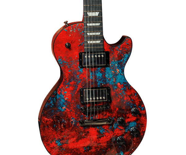 a red and blue electric guitar on a black background