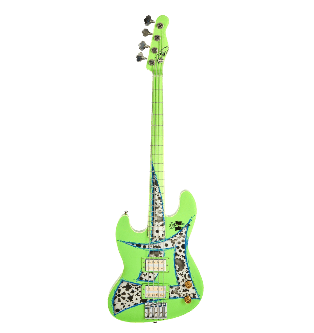 A neon green bass guitar with gold hardware and a neon blue edged cutaway exposing white gears, like a clock.