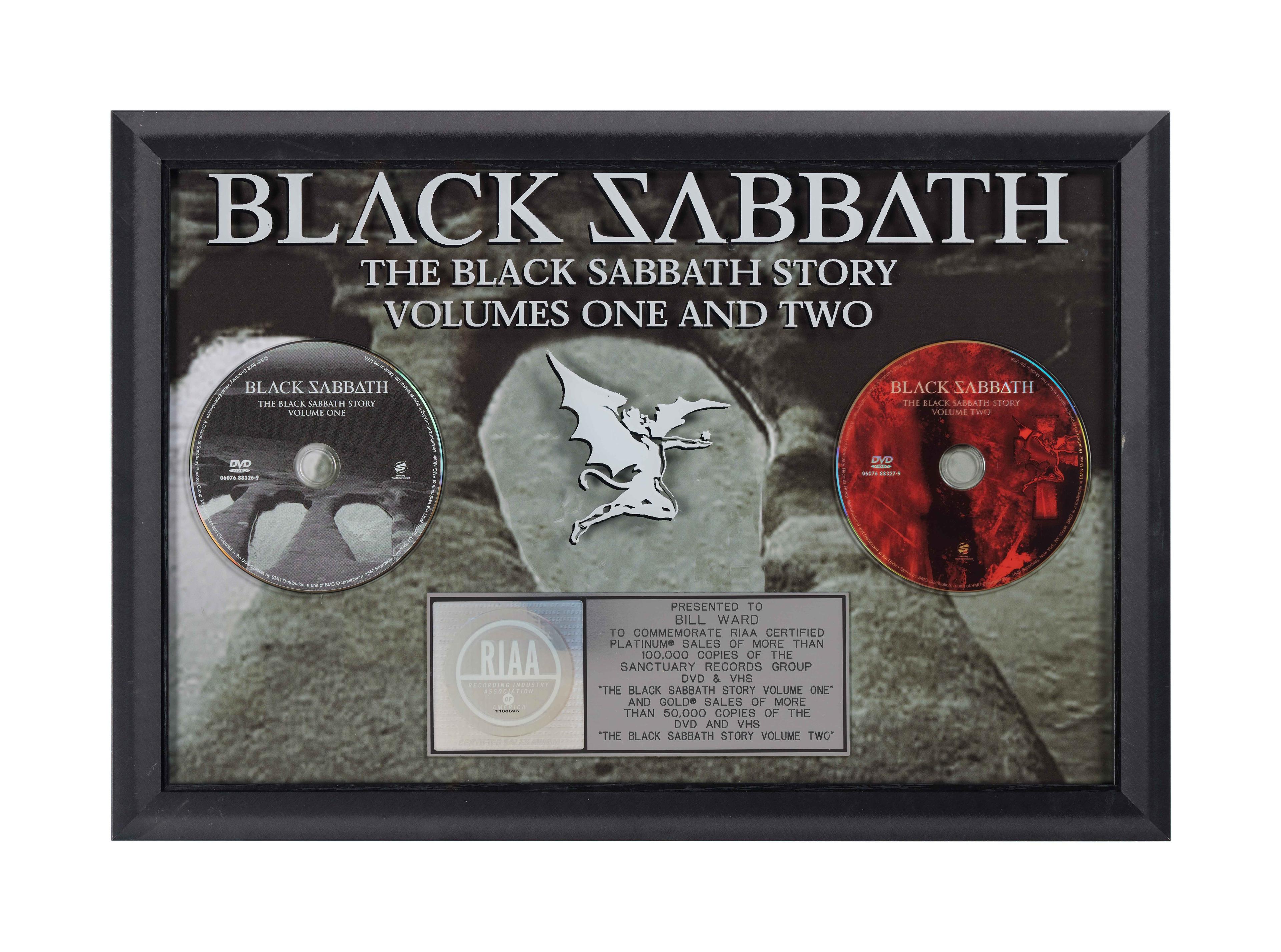 Black Sabbath | Bill Ward RIAA Platinum Record Award to commemorate sales of more than 100,000 copies of "The Black Sabbath Story Volume One" and gold sales of more than 50,000 copies of the DVD and VHS "The Black Sabbath Story Volume Two