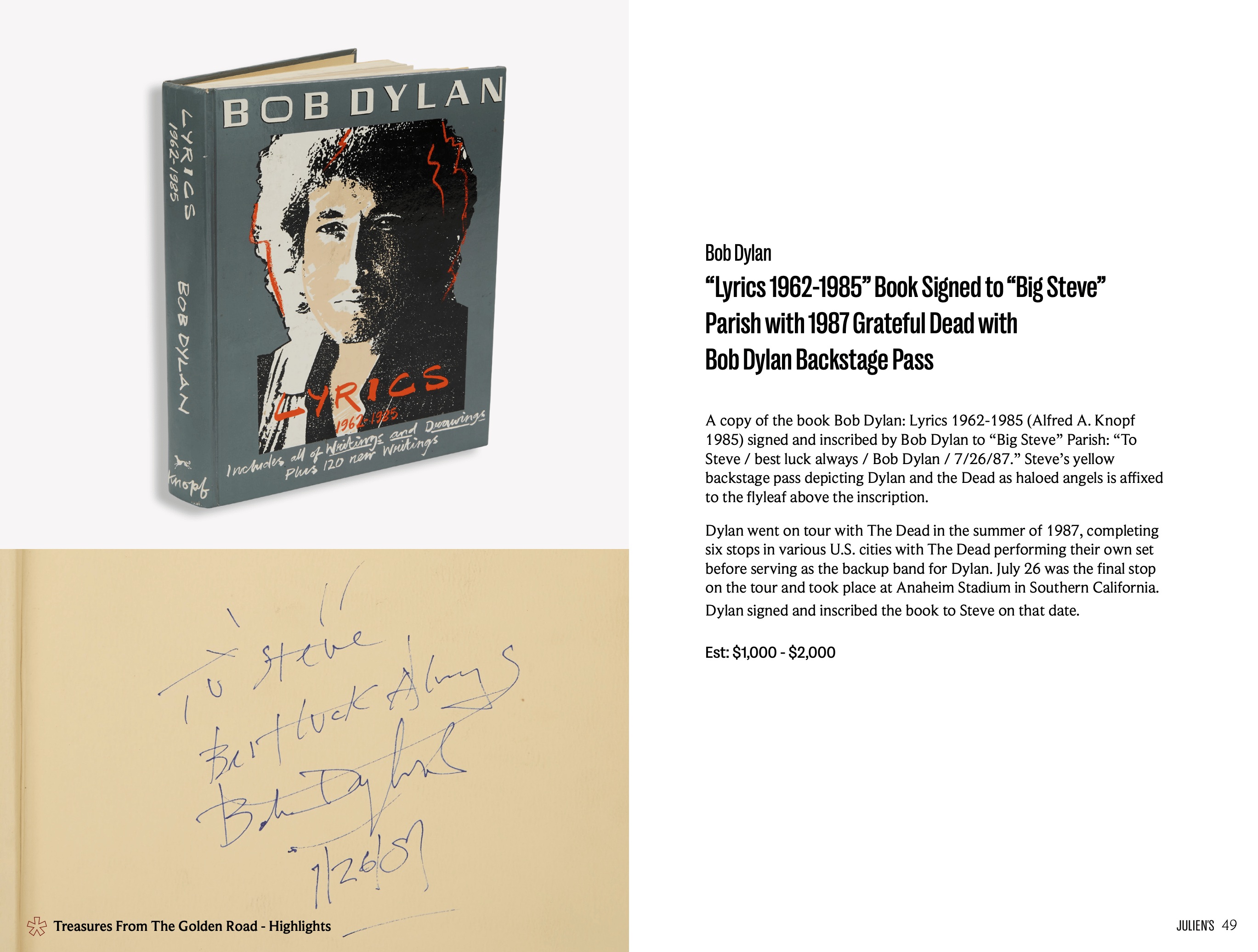 bob dylan signed book to big steve parish