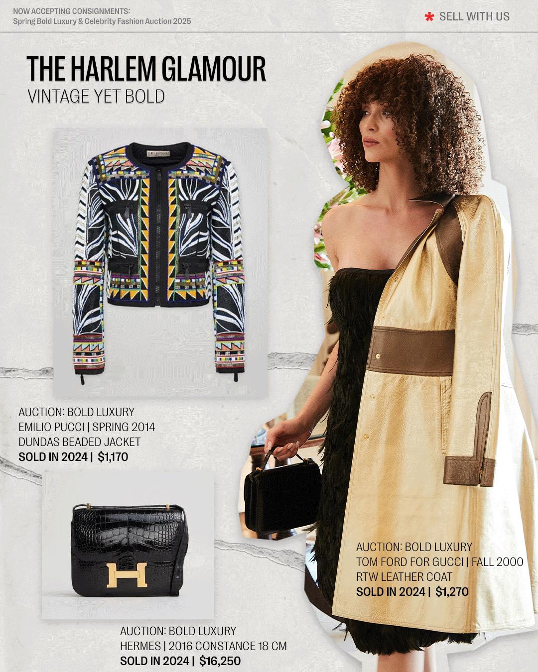 an advertisement for the harlem glamour shows a woman wearing a jacket and a purse