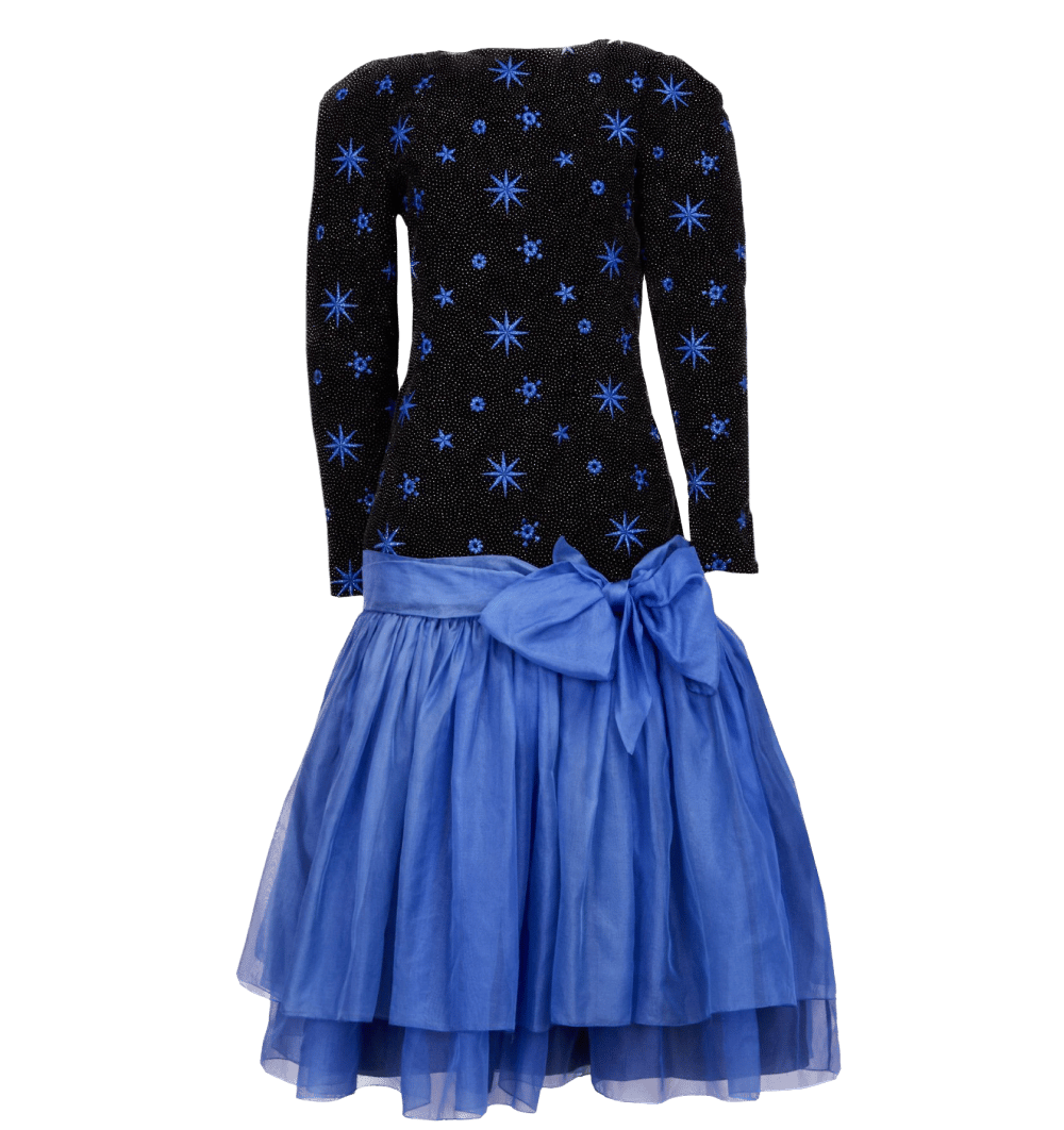 A short black and blue taffeta gown with blue starbursts owned by Princess Diana
