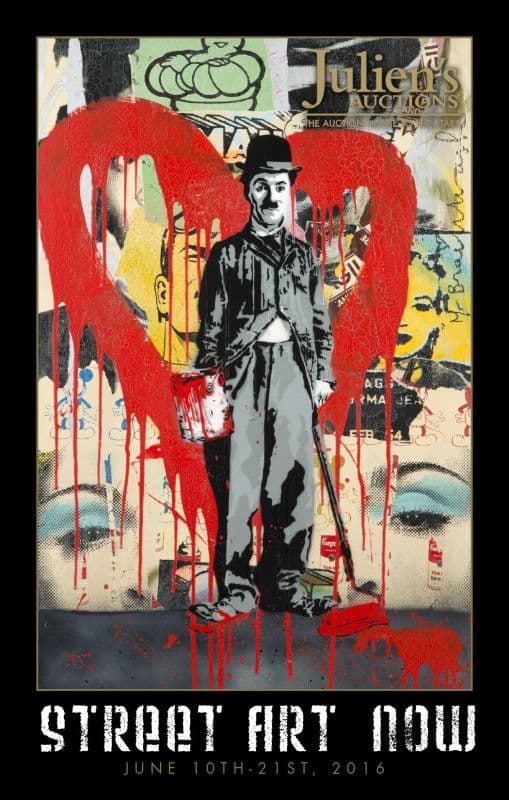 A poster for Julien'sStreet Art Now shows a painting of Charlie Chaplin