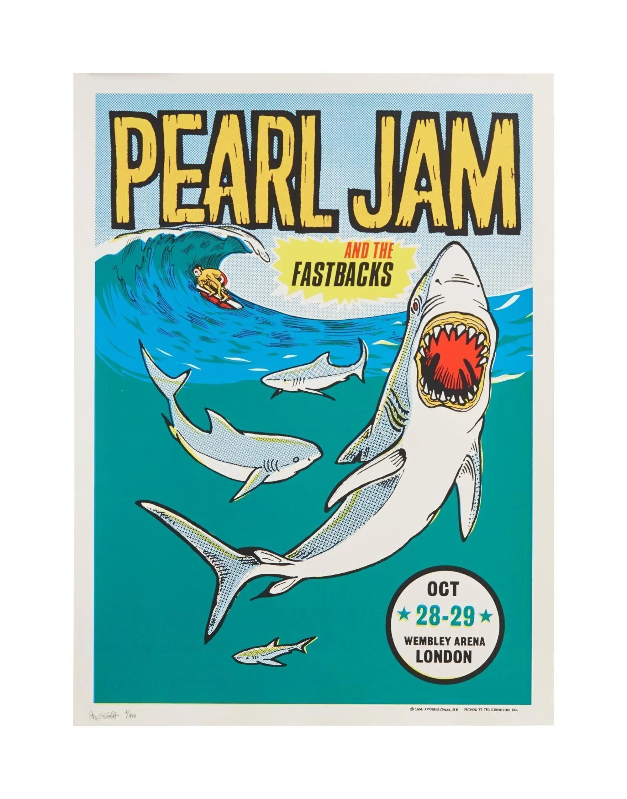 a poster for pearl jam concert with a shark