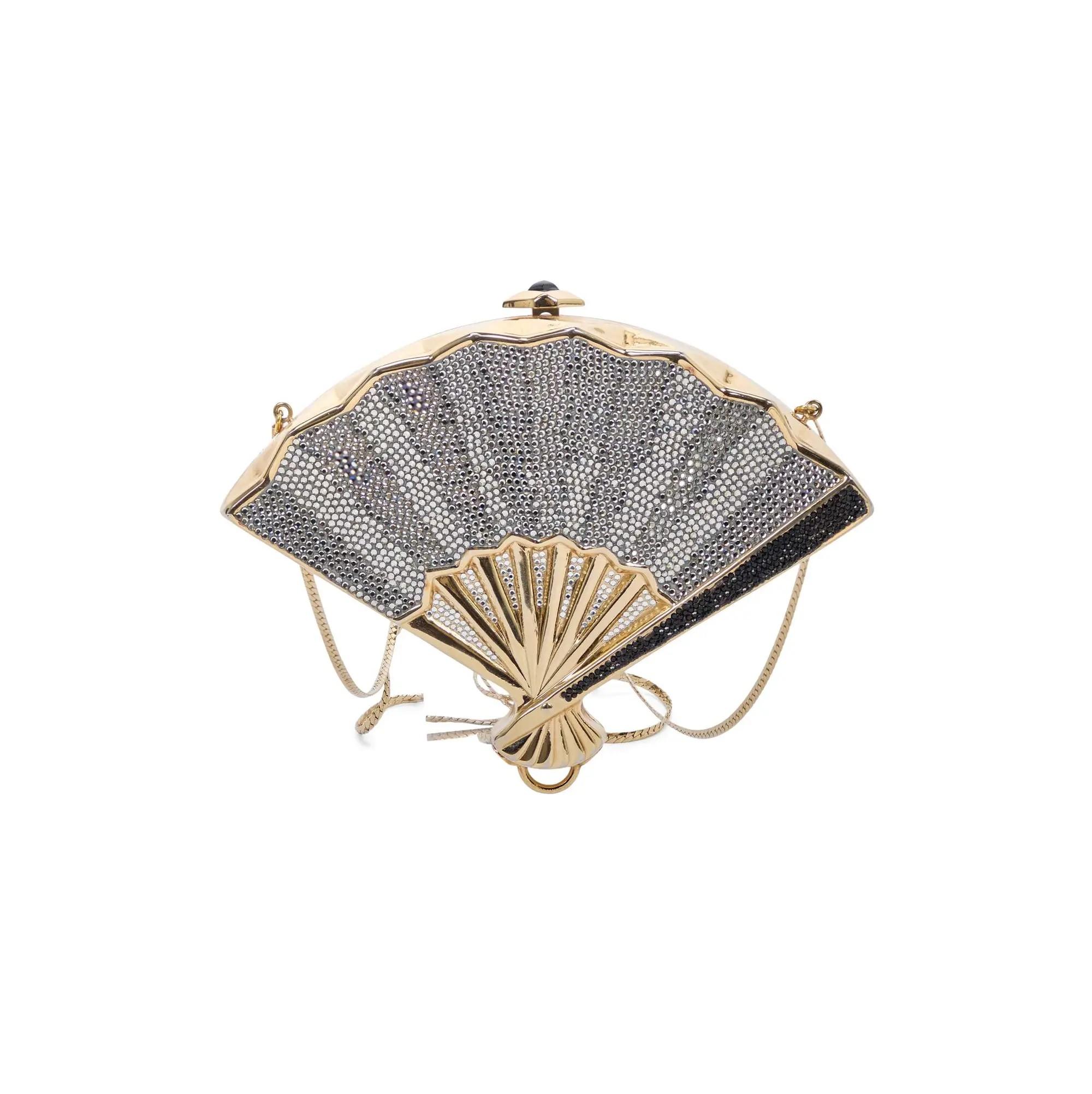 Lot #226  Loni Anderson Judith Leiber Grey, Black and Clear Rhinestone Fan Minaudiere