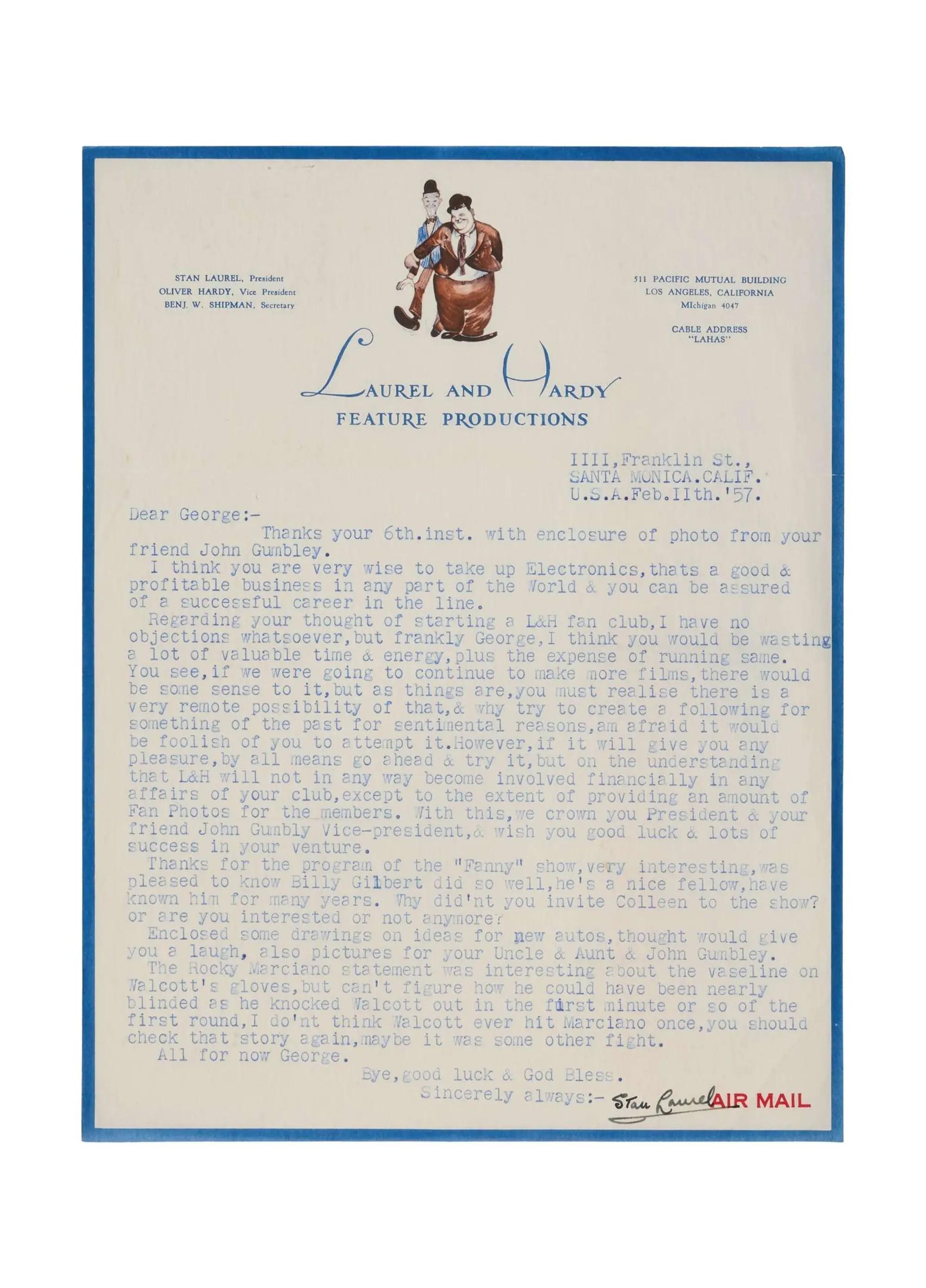 Lot #178  Stan Laurel 1955-1960 Extraordinary and Massive Collection of Handwritten and Typed Letters to a Superfan