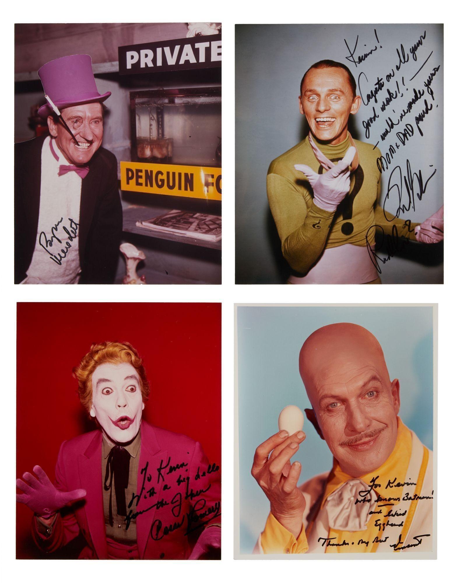 four pictures of a man with a penguin sign in the background