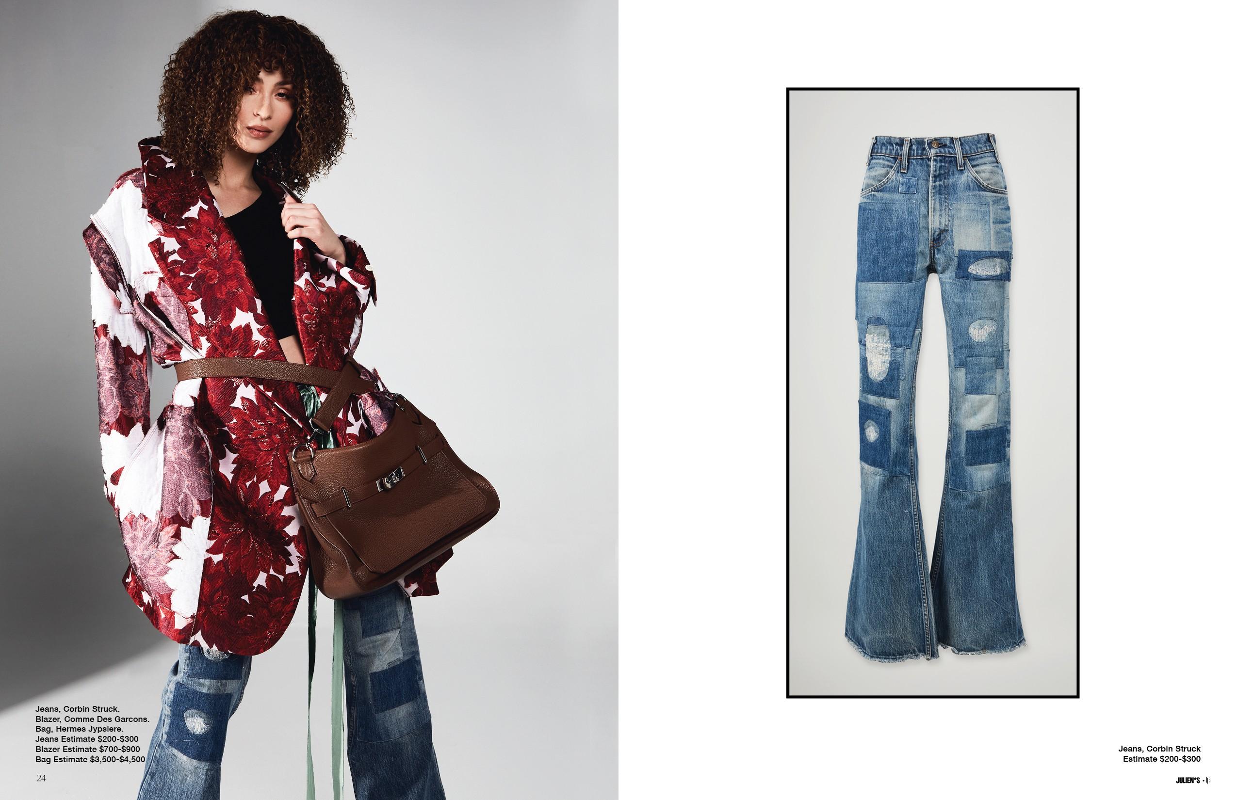 a woman is standing next to a picture of a pair of jeans .