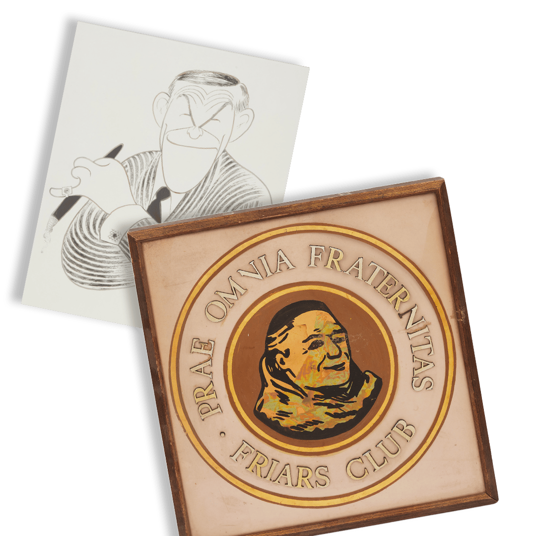 Caricature of a man with a pen overlaps a framed Friars Club emblem featuring a friar's head.