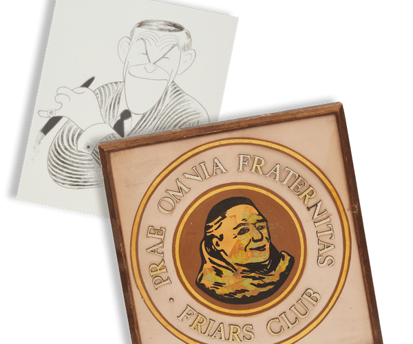 Caricature of a man with a pen overlaps a framed Friars Club emblem featuring a friar's head.