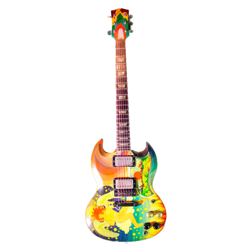 Eric Clapton's "The Fool" guitar. This guitar features bright colors, swirling stains in the wood, and a suspended figure with wings in a star filled sky. This motif is pictured on the body of the instrument.