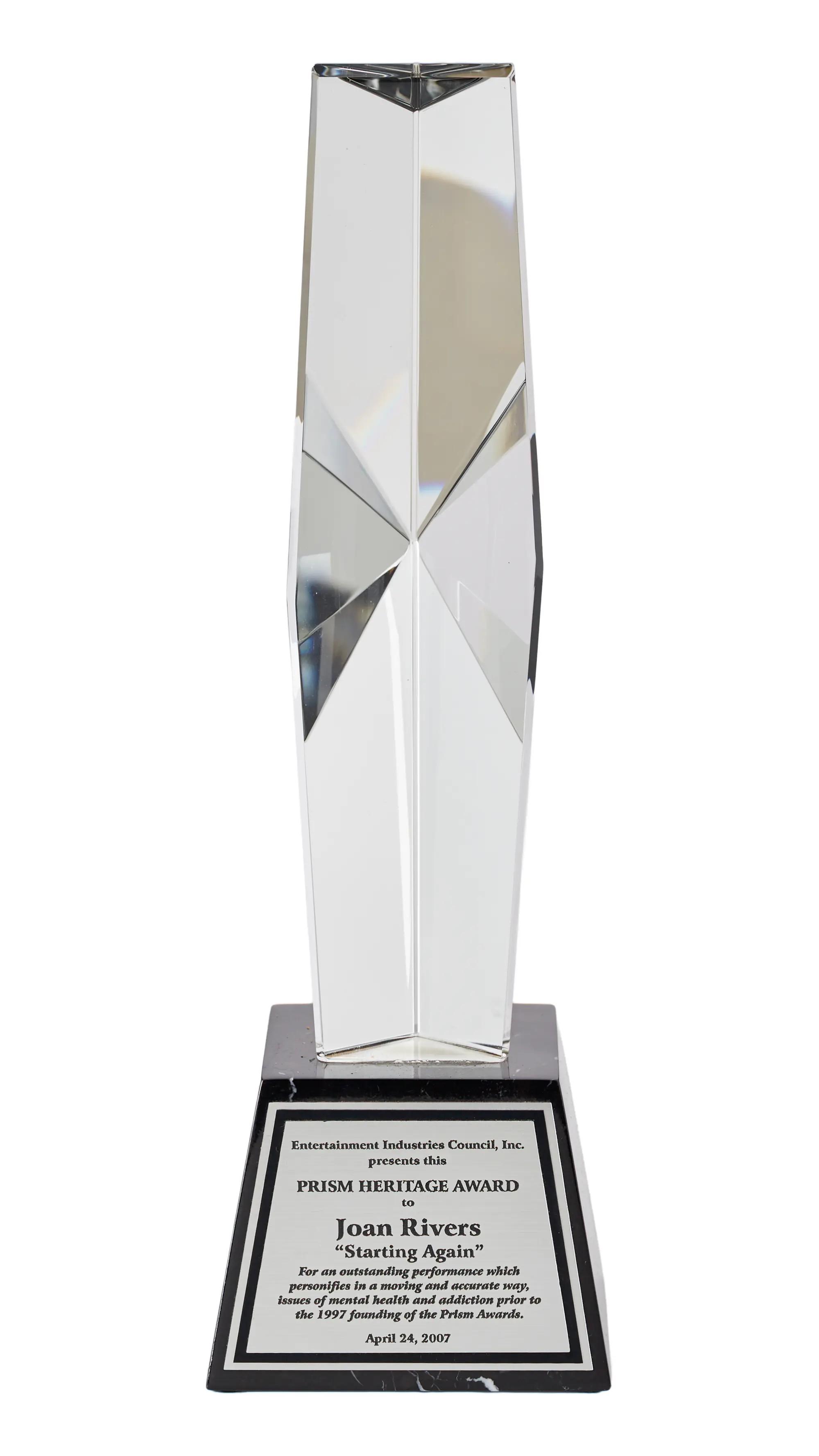 Lot #43 | "Tears and Laughter" TV Movie Prism Heritage Award
Lot 43 Joan Rivers "Tears and Laughter" TV Movie Prism Heritage Award