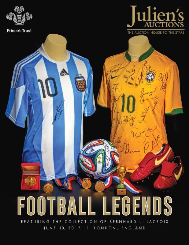 A poster for Julien s Auctions featuring signed soccer jerseys