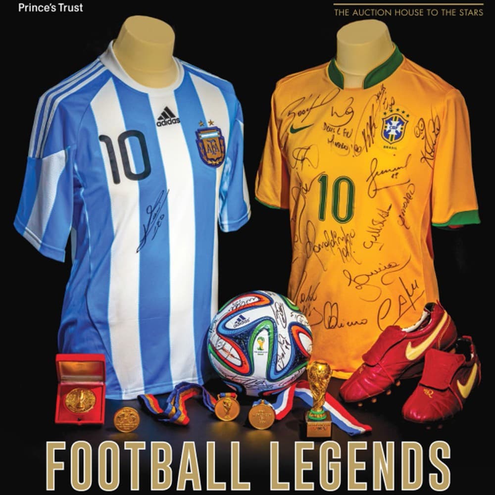 A poster for Julien s Auctions featuring signed soccer jerseys