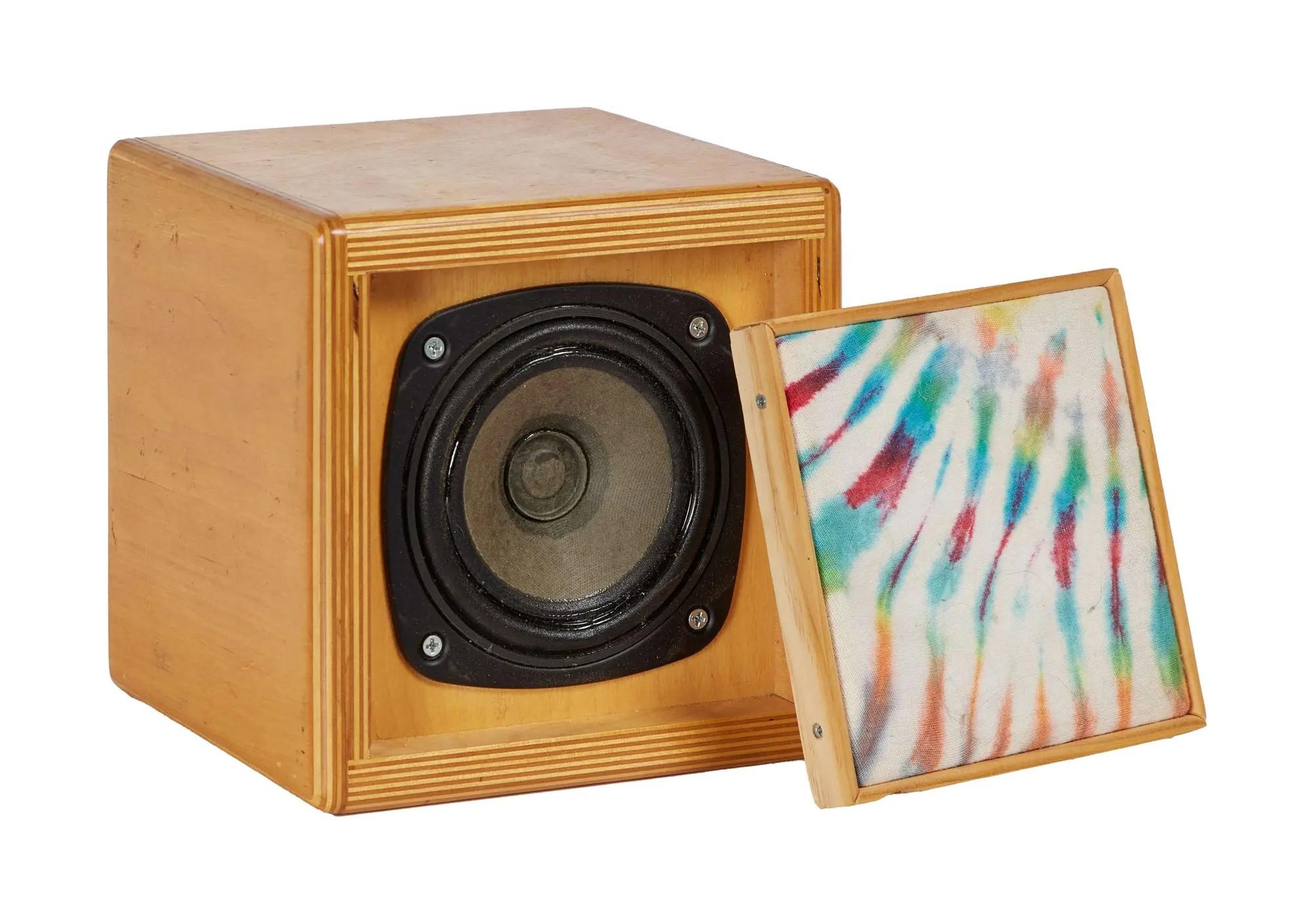 Lot #277  Hard Truckers Small Plywood Speaker Enclosure with 4.5 Inch Speaker and Tie Dye Grille Cloth (D)