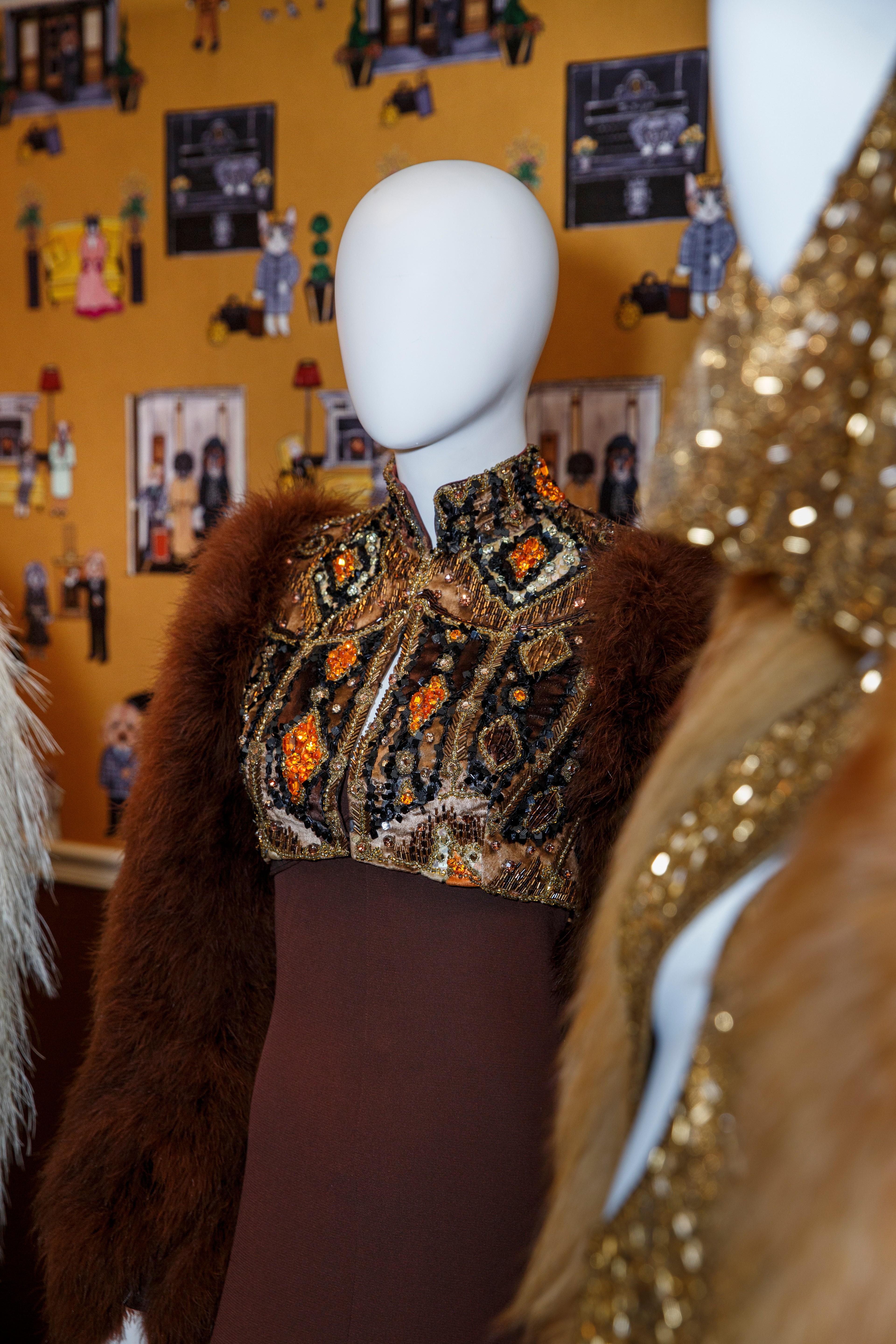 a mannequin is wearing a brown and gold dress