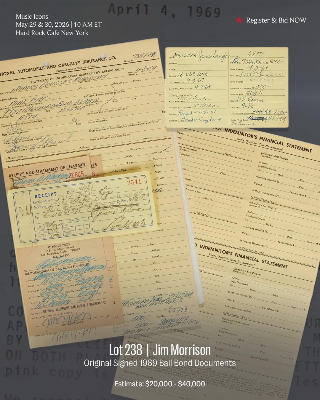 Lot #238  Jim Morrison Original Signed 1969 Bail Bond Documents
