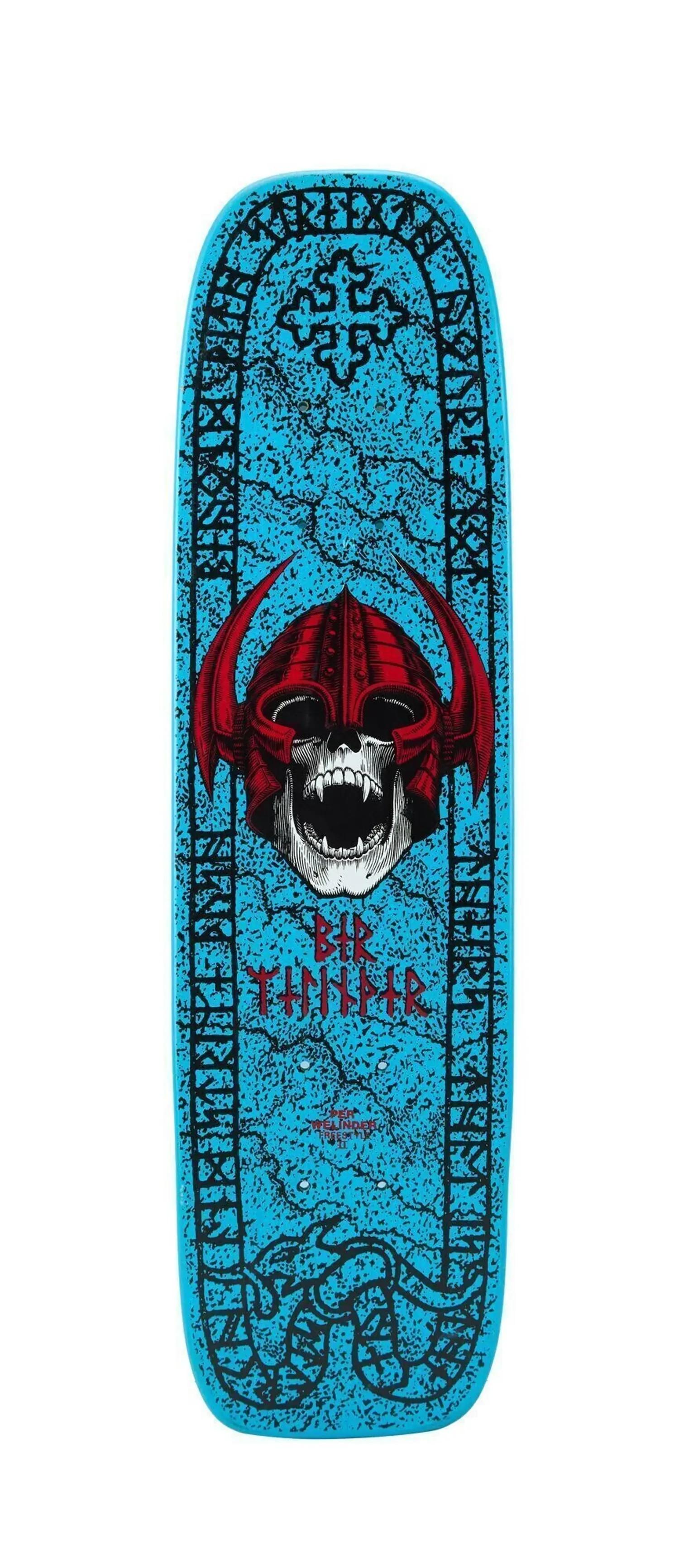Lot #52. Powell-Peralta | Per Welinder "Freestyle II" NOS Skateboard Deck Bright blue skateboard deck with a skull in a red horned Viking helmet, "BIR THINNER" text, and a rune-like border.