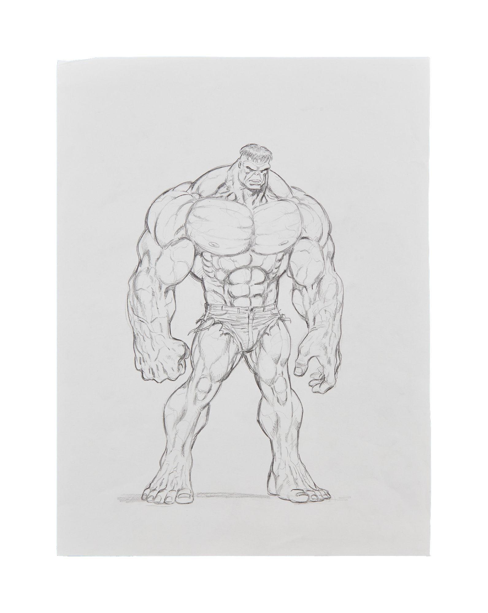 Lot #238. Hulk (1997) | Kerry Gammill Concept Artwork a pencil drawing of the incredible hulk standing on a white background .