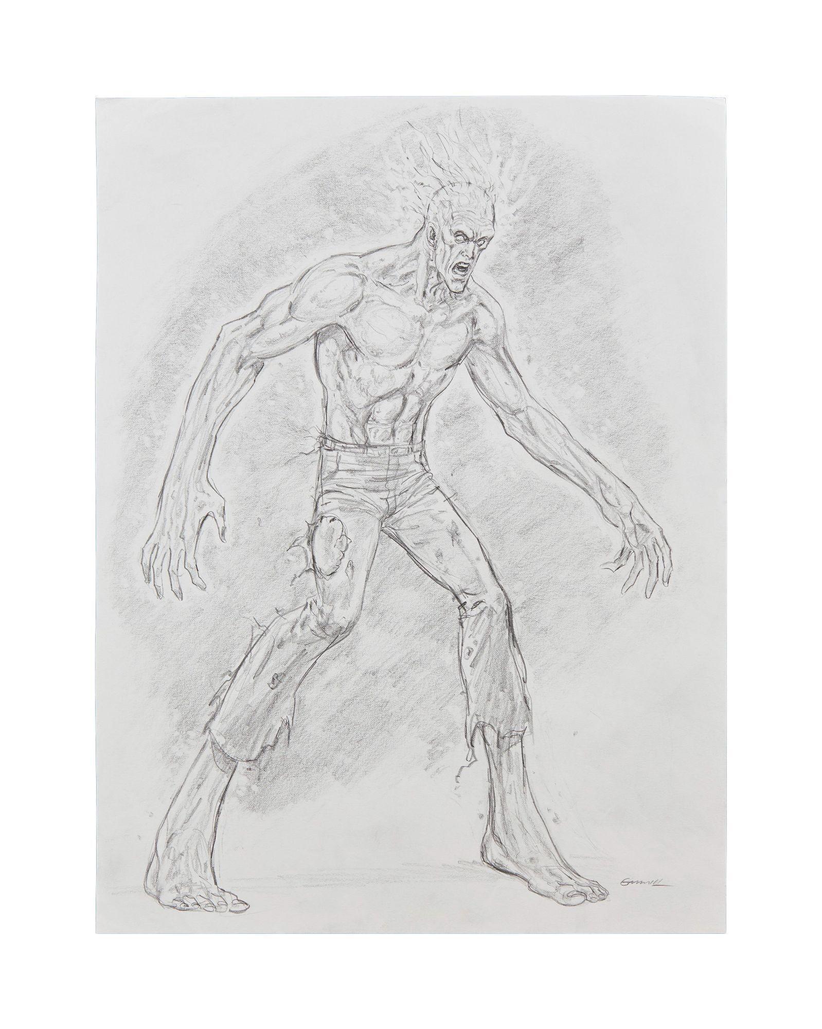 it is a pencil drawing of a zombie without a shirt .