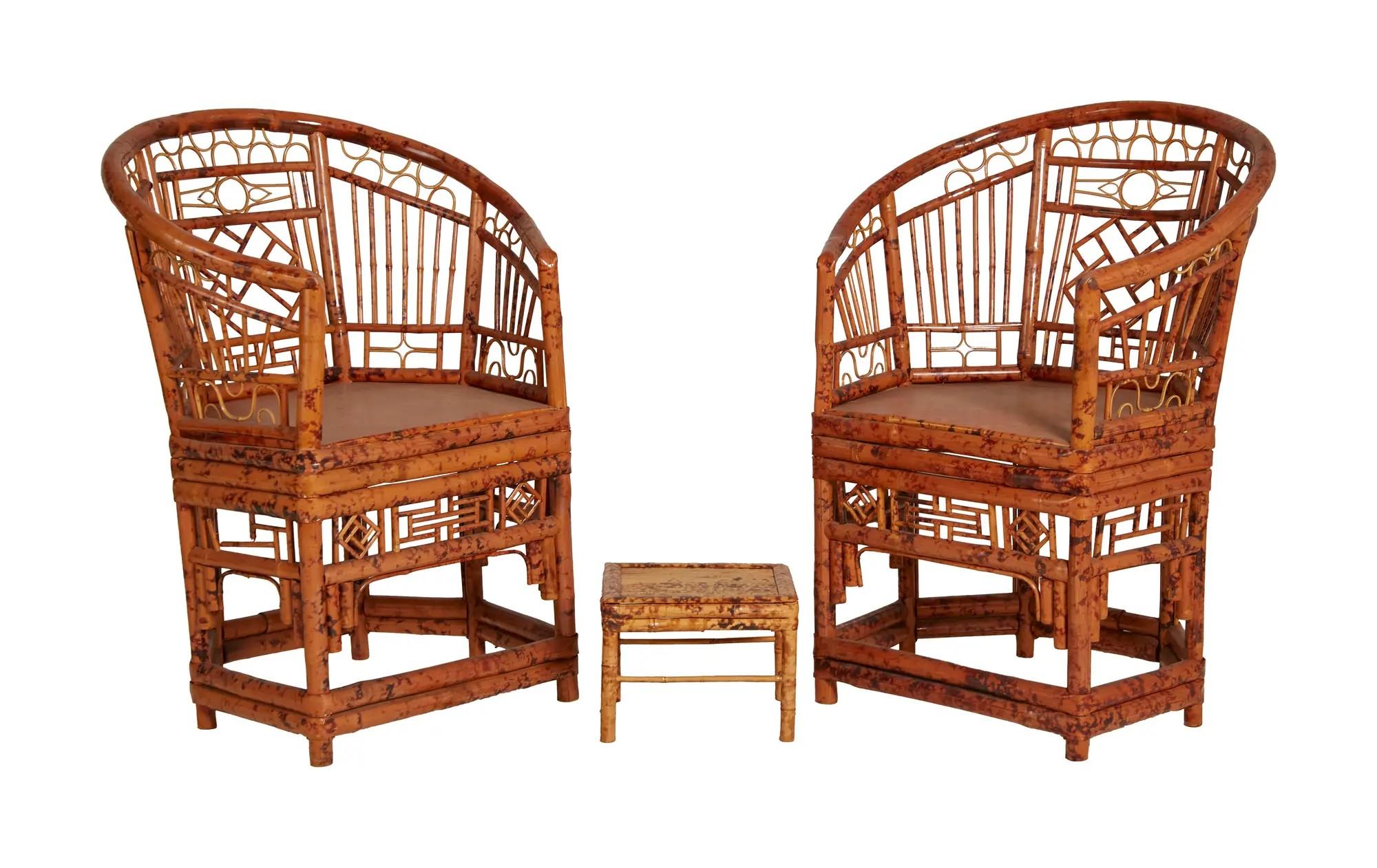 Lot #400. Joe Walsh | Pair of Brighton Pavilion Style Bamboo Chairs and Footstool Lot #400 Joe Walsh | Pair of Brighton Pavilion Style Bamboo Chairs and Footstool