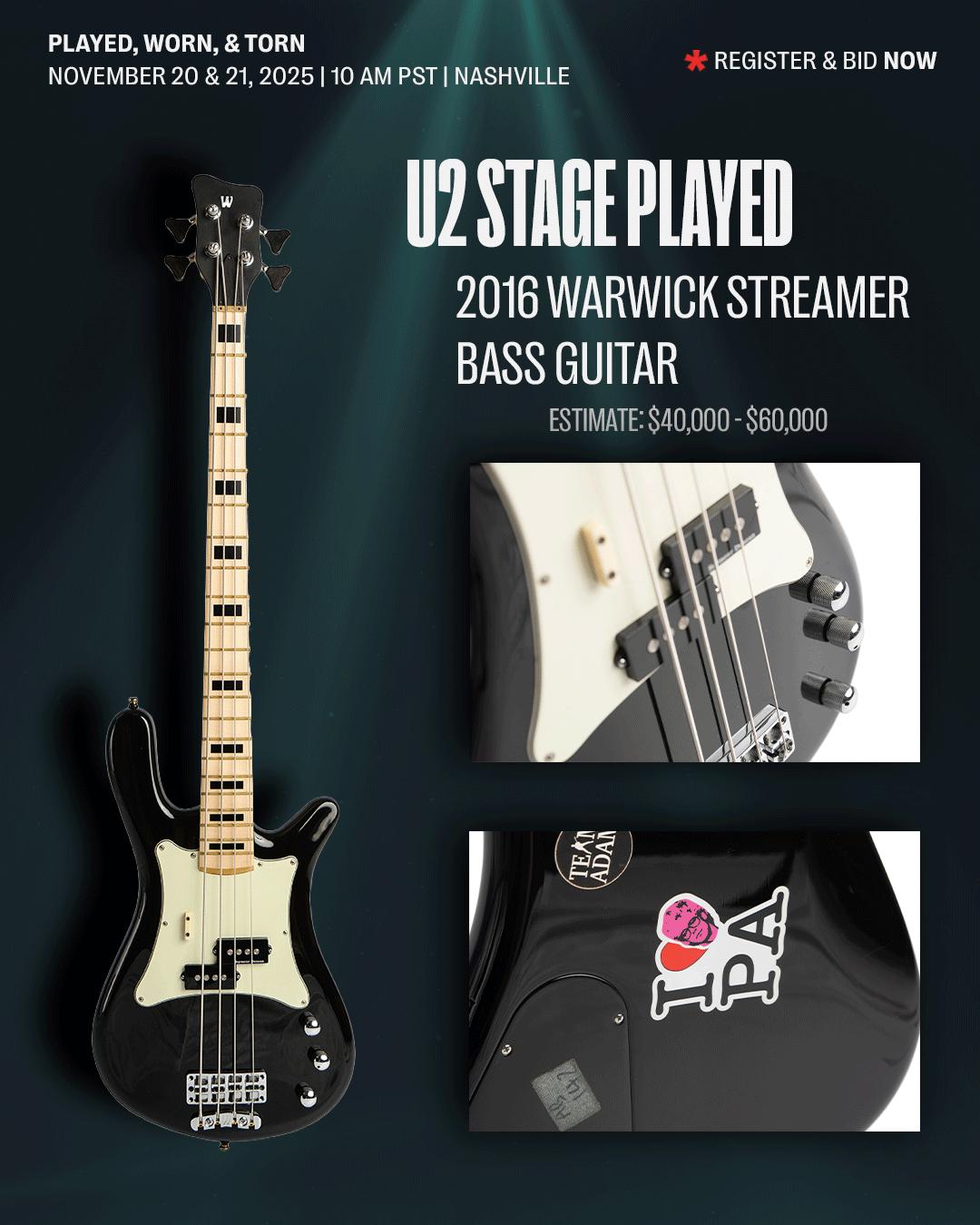 a picture of a black and white guitar with text that reads u 2 stage played 2016 warwick streamer bass guitar