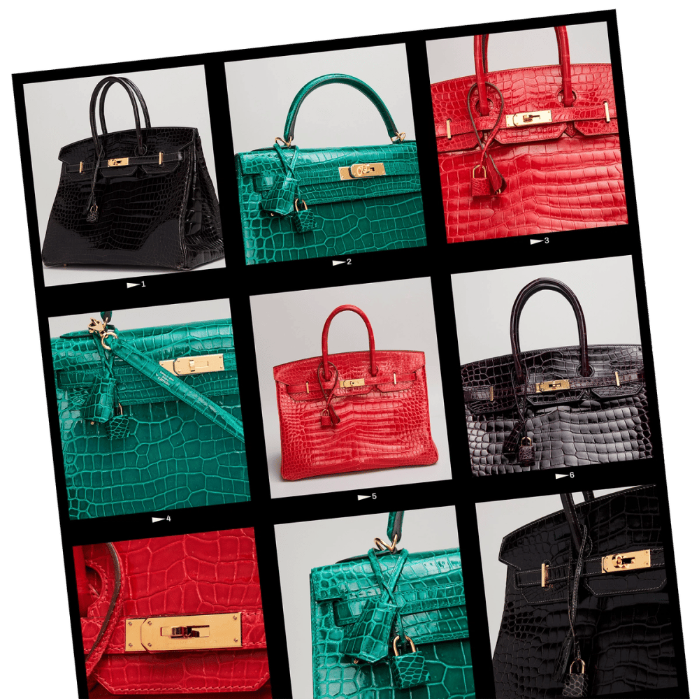a collage of different colored handbags with a black background