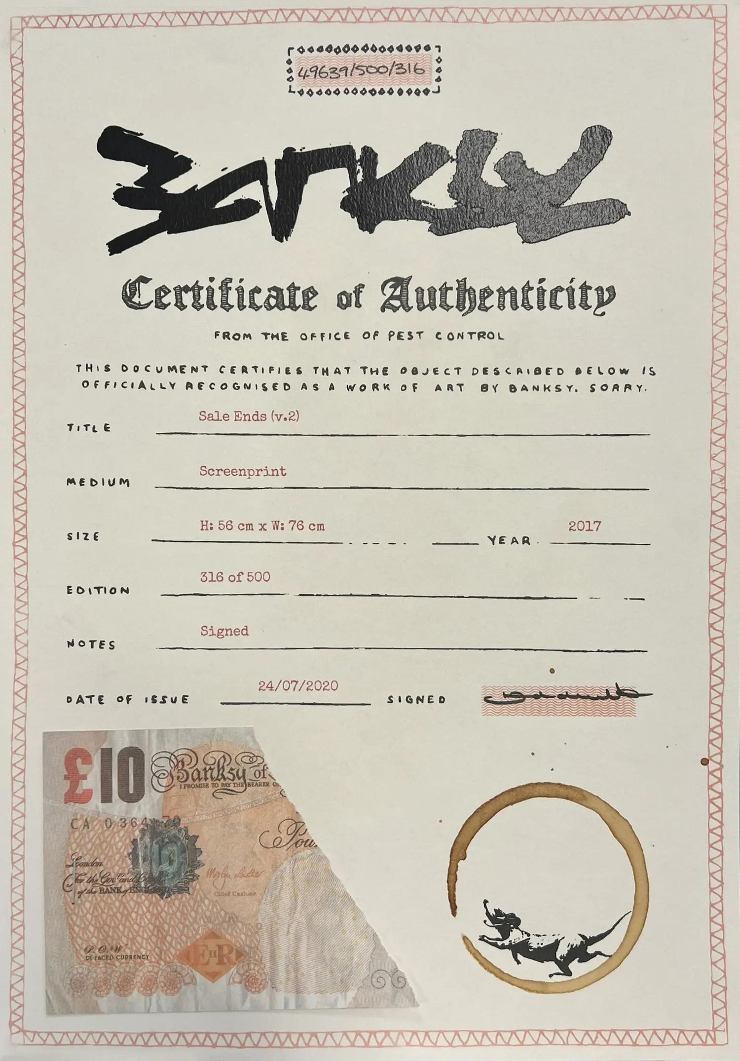 Banksy Certificate of Authenticity for "Sale Ends (v.2)" screenprint, featuring his distinct graffiti-style logo, production details, a torn "Banksy of England" £10 note, and a rat within a coffee stain.
