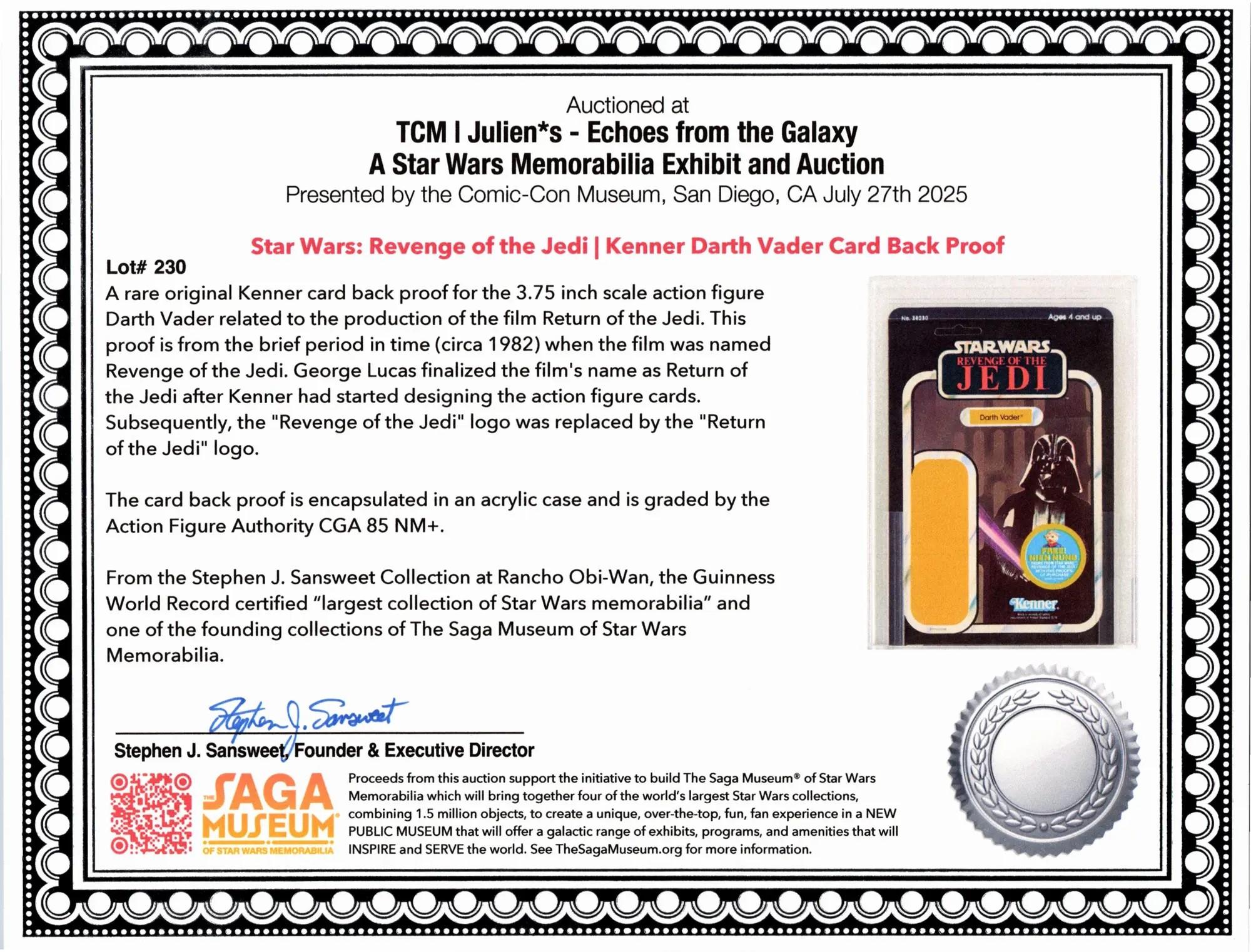 a certificate of authenticity for darth vader kenner card