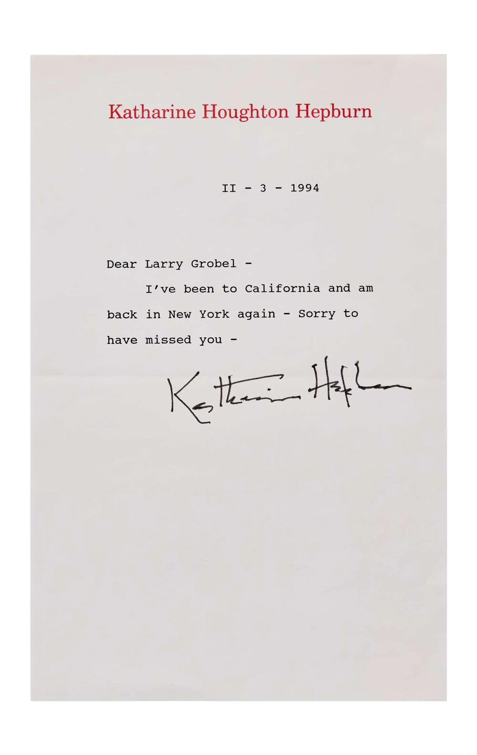 Lot #155  Katharine Hepburn Signed Note to Lawrence Grobel