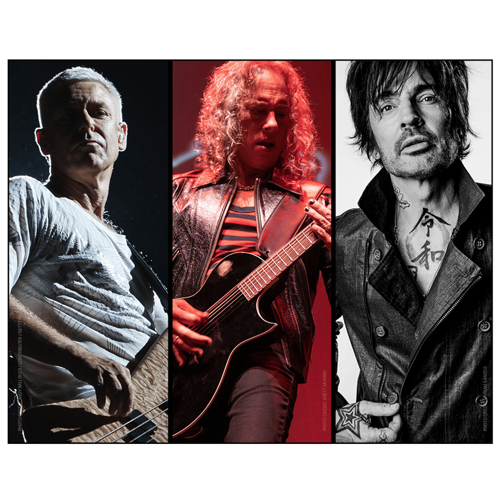Flea playing bass, Kirk Hammett playing guitar, and Tommy Lee in a portrait.