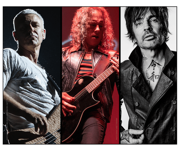 Flea playing bass, Kirk Hammett playing guitar, and Tommy Lee in a portrait.