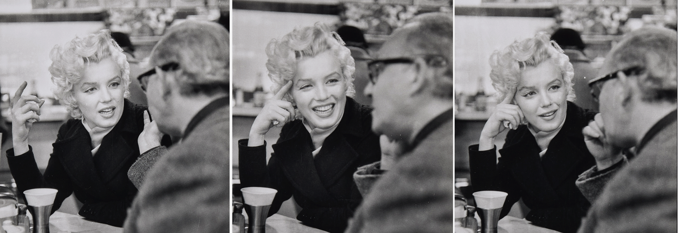 Three black and white photographs of Marilyn Monroe