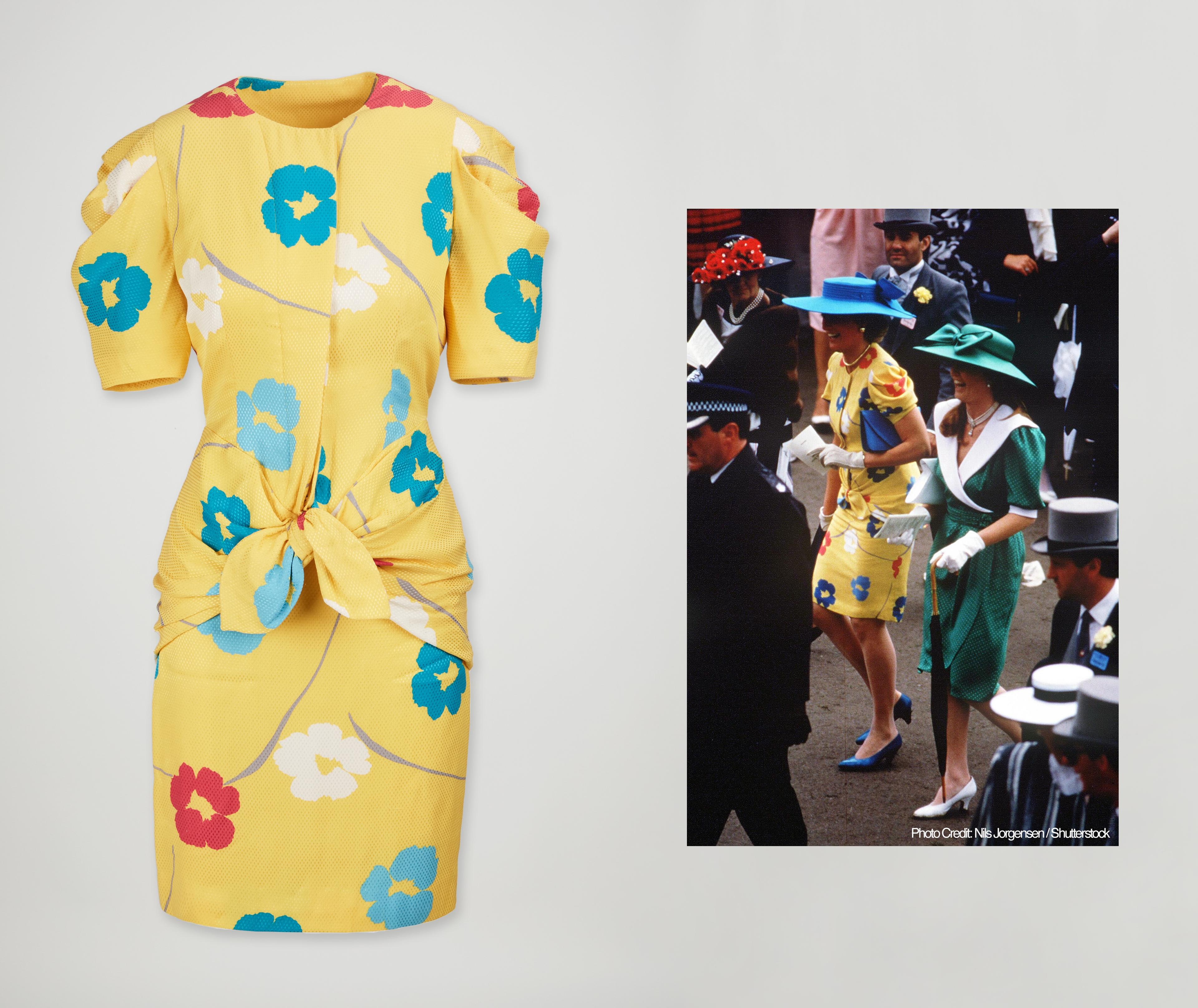 a yellow flower dress and photo of princess diana wearing it in public