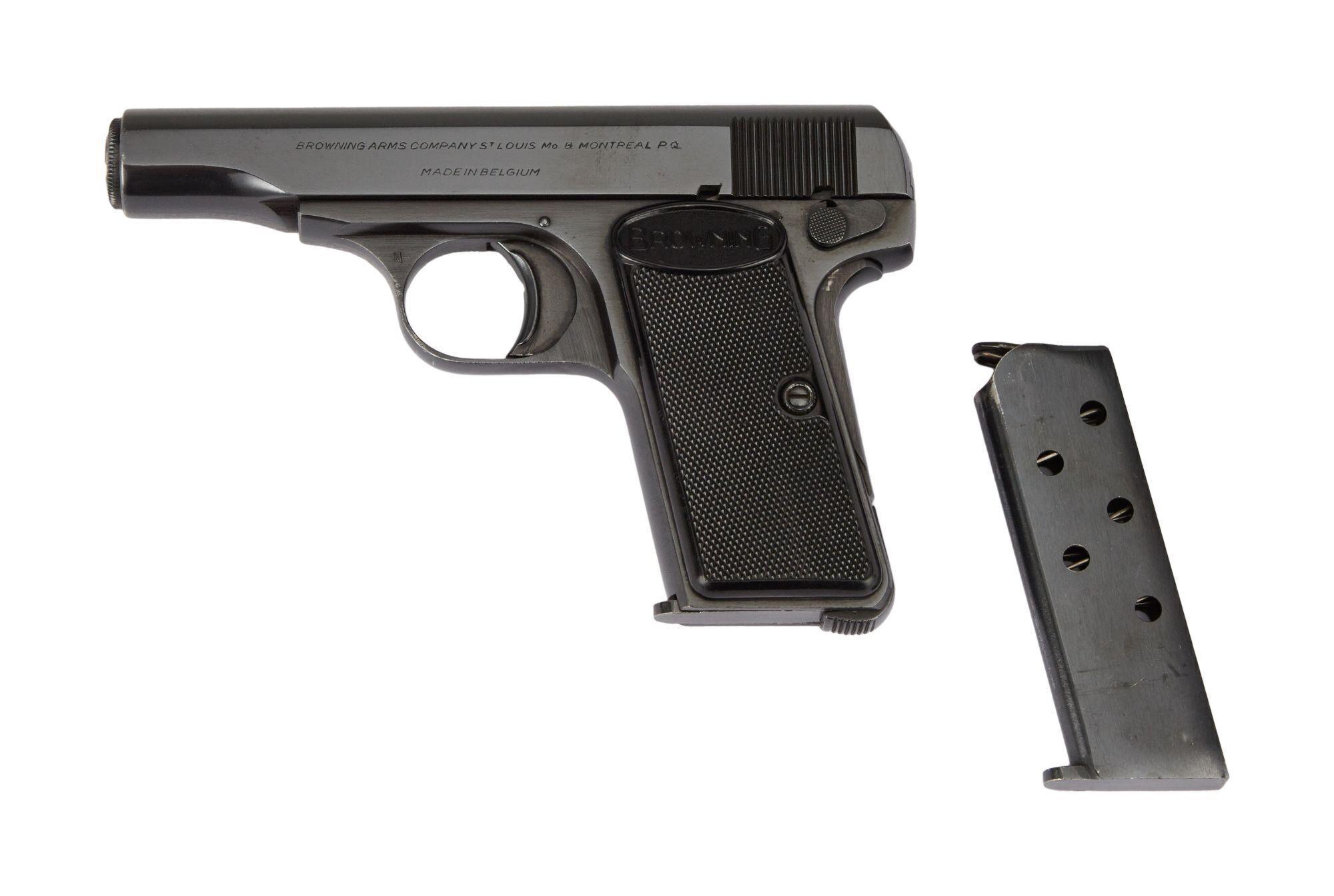 a picture of a pistol and unloaded magazine on a white background