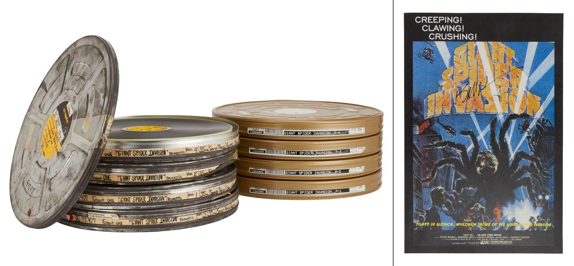 a stack of film cans next to a movie poster .