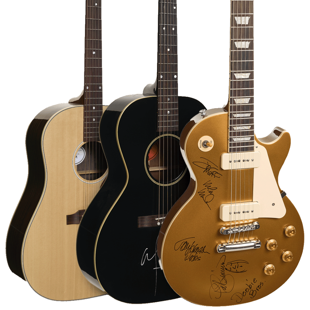 Three guitars: a light-colored acoustic, a black acoustic, and a gold electric guitar. The black and gold guitars are autographed.